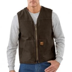 Carhartt Men's Rugged Sherpa Lined Sandstone Vest Dark Brown - V26-DKB - Vests