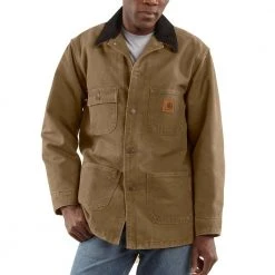 Carhartt Men's Blanket Lined Sandstone Chore Coat Frontier Brown - C02-FRB - Jackets